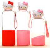 秒杀 Hello Kitty玻璃杯凯蒂猫卡通水杯带盖KT头女士创意可爱瓶子
