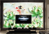 中式客厅大理石富贵荷花玉石浮雕电视沙发背景墙无缝壁画无框画芯