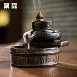 聚森石磨荷花莲花香炉倒流香陶瓷铁锈釉香道创意茶道摆件茶具配件