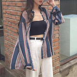 韩国ulzzang秋季女装复古撞色条纹背后开叉宽松长袖衬衫上衣潮