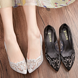 莎丝妮漫韩版新款真皮羊皮+网纱浅口鞋水钻鞋细跟高跟单鞋女鞋子