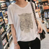 韩国代购夏季女装大码宽松短袖T恤猫头鹰刺绣薄款竹节棉纯色上衣