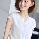 2016夏装新款大码女装韩版印花V领上衣半袖修身衬衫雪纺衫短袖t恤