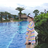 小范儿韩版BF风夏季连帽撞色条纹宽松短袖T恤女式中长款卫衣AE57