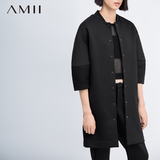 Amii极简运动风中长款宽松H廓形七分袖空气层外套女2015秋冬新品