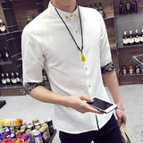 夏季白色七分袖衬衫男修身纯色男士薄款衬衣中袖韩版短袖潮男装
