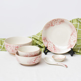 进口日式樱花餐具陶瓷米饭碗 汤碗 面碗 盘子 调味碟 勺六件套装