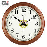 客厅实木钟表16英寸圆形挂钟欧式简约静音中式石英时钟日本机芯