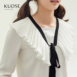 阔色2016春装新款韩版原创设计女风琴领白色打底衫雪纺衬衫
