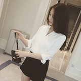 2016春款韩国新款显瘦V领上衣衬衫纯色长袖女士衬衣 雪纺衫 衬衫