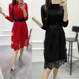 2016秋季女装韩版中长款连衣裙大码长袖修身蕾丝针织毛衣打底衫裙
