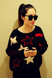 包邮春季新款韩版宽松显瘦蝙蝠袖短款星星图案毛衣圆领套头针织衫
