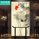 中国风古典水墨写意荷花莲花 玄关墙纸壁纸竖幅无缝墙布壁画定制