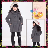 韩时尚正品 2015冬装新款童装加厚羊毛呢皮草领夹棉女童大衣外套