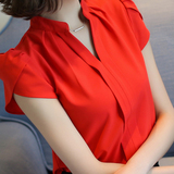 2016夏季新款女装大红色短袖雪纺衫女上衣宽松显瘦V领衬衫夏衬衣