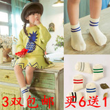 秋冬儿童袜子韩国版可爱加厚白搭两条杠宝宝短袜男女宝宝中筒袜子