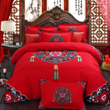 艾尚家纺加厚磨毛红色结婚庆床品新中式床上用品纯棉全棉四件套件
