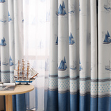 蓝色地中海帆船全遮光布儿童房窗帘男孩卧室客厅卡通定制成品特价