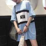 夏季韩国ulzzang原宿风中长款拼色条纹小高领宽松短袖T恤女连衣裙