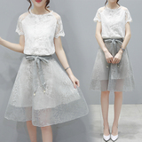 2016夏季新款 韩版新蕾丝衫配半身裙 短袖中长款A字裙连衣裙女