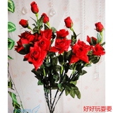 　仿真花玫瑰4头丝印玫瑰假花装饰花客厅摆放花瓶电视柜花　