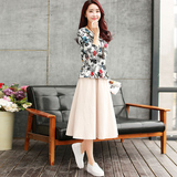 2016春新款韩版棉麻印花七分袖上衣休闲大码裙子两件套套装文艺女