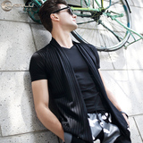 夏季男士镂空个性马夹修身韩版假两件短袖t恤男开衫背心潮流体恤