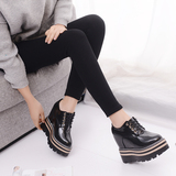 冬季新款休闲系带皮鞋12cm坡跟韩版超高跟漆皮低帮加绒显瘦棉鞋女