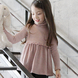 韩版儿童打底衫韩国童装新款秋冬装高领螺纹裙摆长袖女童加绒上衣