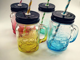渐变色梅森杯创意带手柄吸管玻璃杯美式字母带盖个性果汁饮料杯子