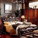 欧式真皮床橡木家具实木美式床2米2.2米大床深色高箱奢华三包到家