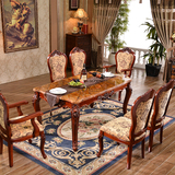 欧式纯实木大理石餐桌椅组合6人 美式复古做旧原木色长方饭桌餐台