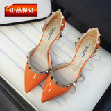 香港代购性感欧美时尚尖头漆皮铆钉细跟单鞋婚鞋OL拼色高跟女鞋