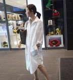 韩国东大门代购夏装新款大码宽松BF白色超长款衬衫蝙蝠袖衬衫裙女