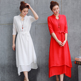 中长款棉麻连衣裙夏季修身中国风古典改良汉服仙女范大红纯白长裙
