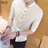 夏季中袖衬衫男休闲七分袖亚麻衬衫青年潮韩版修身青年短袖白衬衣