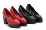 丹安琪2015春季新款厚底尖头高跟鞋红色浅口性感单鞋OL黑粗跟女鞋