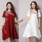 2016夏装新款大码女装中国民族风棉麻刺绣长款短袖连衣裙