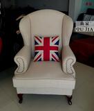 特价美式乡村棉麻布艺单人沙发客厅简约地中海风格老虎椅高背现货