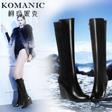 柯玛妮克 新款冬季坡跟潮流女靴侧拉链 圆头高跟毛绒长筒靴子