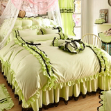 韩国公主床品 全棉奶油绿色床裙 黑色蕾丝花边 清新床罩四件套