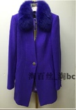百丝2015冬专柜正品代购 紫色毛领修身毛呢大衣AKB511506