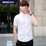 WOOG2005男士白色棉麻短袖衬衫2016夏季薄款韩版修身透气小领衬衣