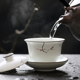 手绘粉彩大号脂白三才盖碗茶杯 景德镇手工茶具功夫陶瓷泡茶器