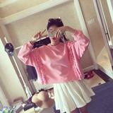 2016秋冬新款韩版女装个性荷叶边蝙蝠袖拼接圆领长袖套头卫衣女潮