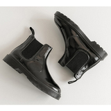 欧美2015秋冬新款黑色漆皮圆头平底低跟短靴韩版套筒短筒骑士靴女