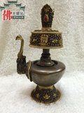 藏传佛教 密宗用品 尼泊尔手工精品紫铜雕刻鎏金净水瓶 文巴壶