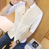 2016夏季男装衬衫韩版立领七分袖衬衫男潮修身青少年薄款衬衫男潮
