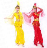 新疆维吾尔族舞蹈表演服装女少数民族红色黄色裙印度肚皮舞台演出