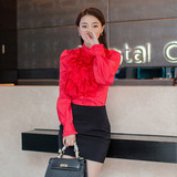 韩版女短袖衬衫气质立领雪纺花边灯笼袖红色白色修身长袖连体衬衫